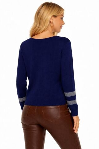 Kadın V Yaka Kol Yaka Simli Kazak 12785 BGL-ST04223 LACİVERT - M/L