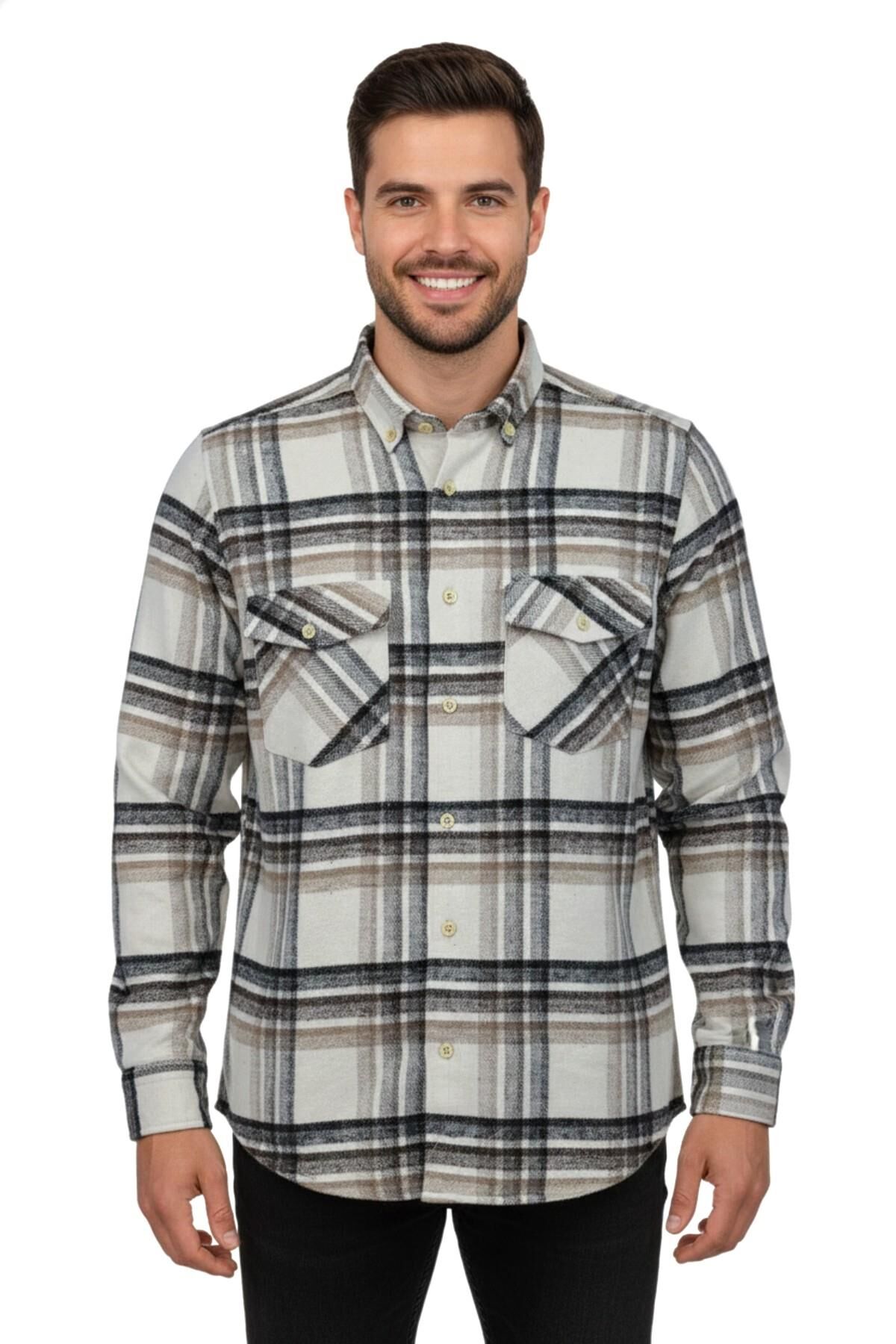 Erkek Kışlık Çift Cep Kapaklı Oduncu Gömlek BGL-ST04869 BEJ - M