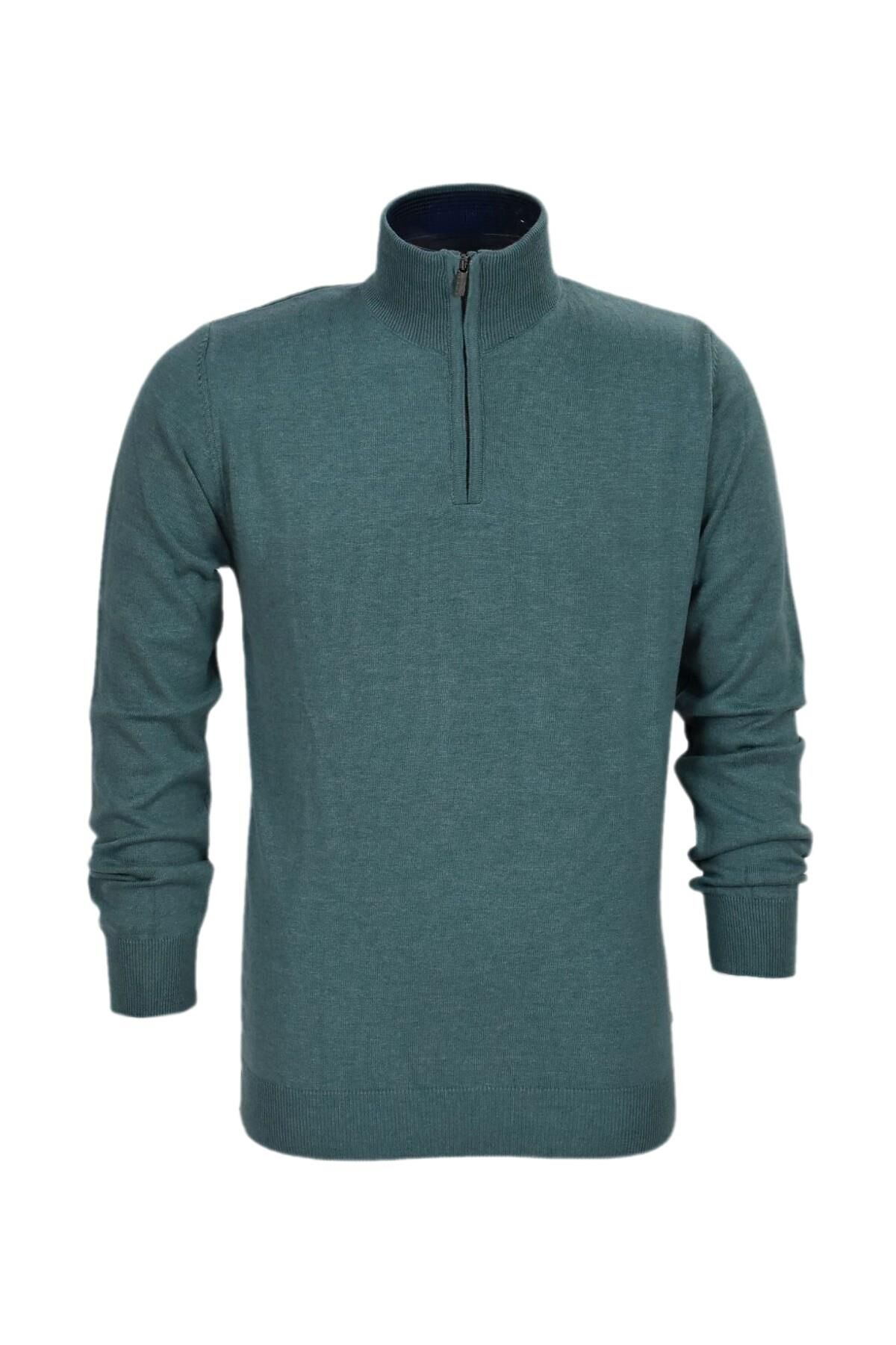 Erkek Spor Düz Fermuarlı Yaka Kazak R22949 BGL-ST03181 YEŞİL - 2XL