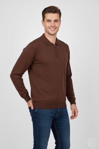 Erkek Polo Yaka Fermuarlı Triko Kazak Regular Fit  7019 BGL-ST04922 SİYAH - M