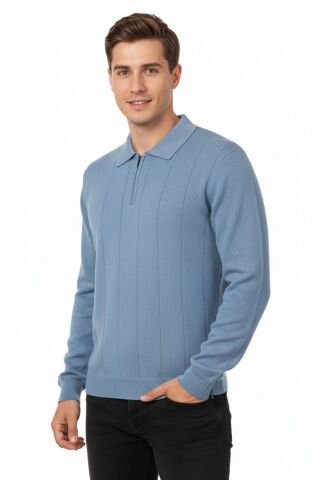 Erkek Polo Yaka Fermuarlı Triko Kazak Regular Fit  7019 BGL-ST04922 SİYAH - M