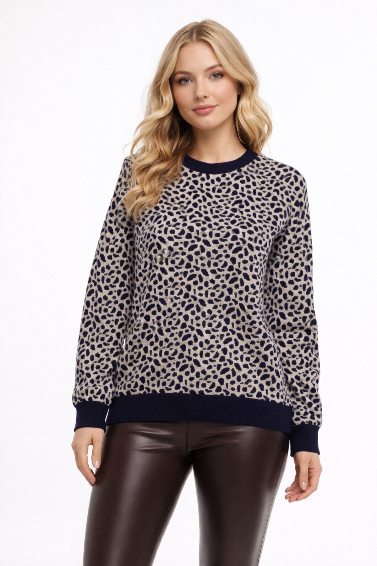 Kadın Leopar Desen Triko Kazak BGL-ST05285 LACİVERT - 3XL