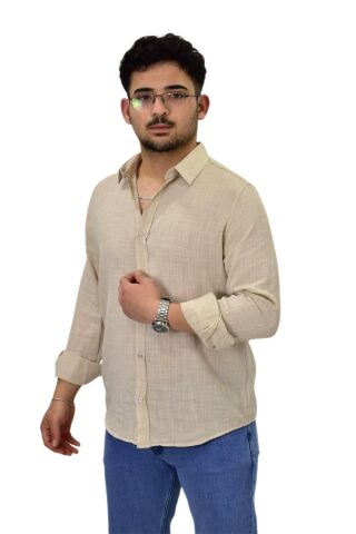 Erkek Spor Silim Fit Uzun Kol Gömlek G5005 BGL-ST04494 BEJ - 2XL