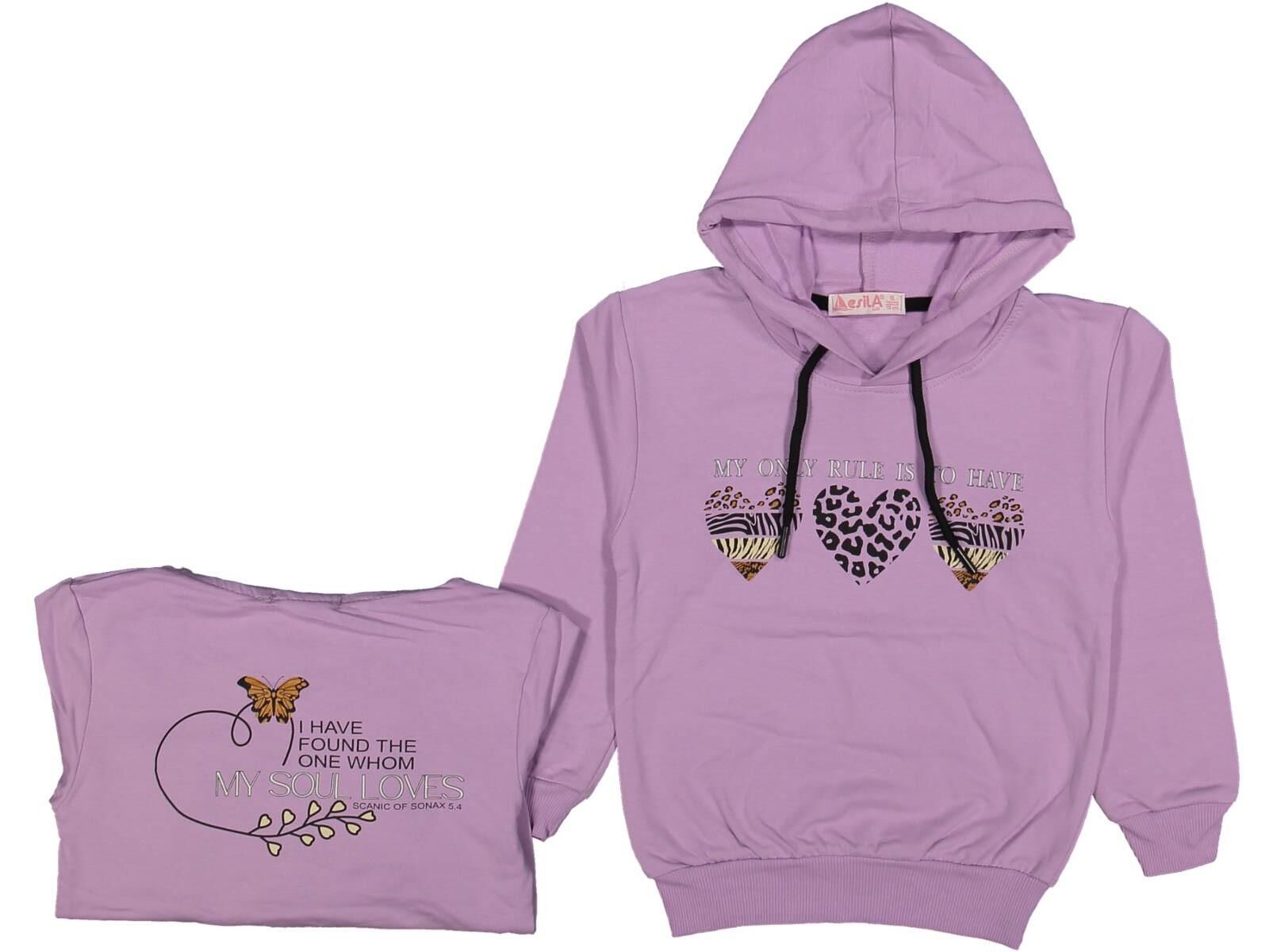 Kız Çocuk Mevsimlik Kalpli Kapüşonlu Sweatshirt BGL-ST03659 LİLA - 5 Yaş