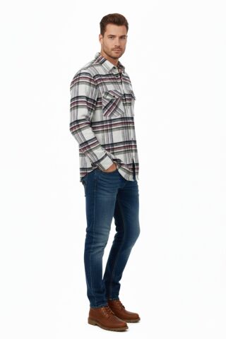 Erkek Kışlık Çift Cep Kapaklı Oduncu Gömlek BGL-ST04869 BORDO - 4XL