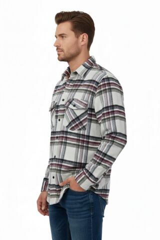Erkek Kışlık Çift Cep Kapaklı Oduncu Gömlek BGL-ST04869 BORDO - 4XL
