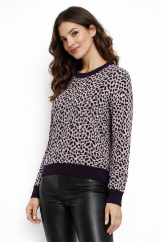 Kadın Leopar Desen Triko Kazak BGL-ST05284 MOR - L