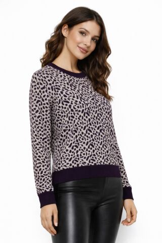 Kadın Leopar Desen Triko Kazak BGL-ST05284 MOR - L