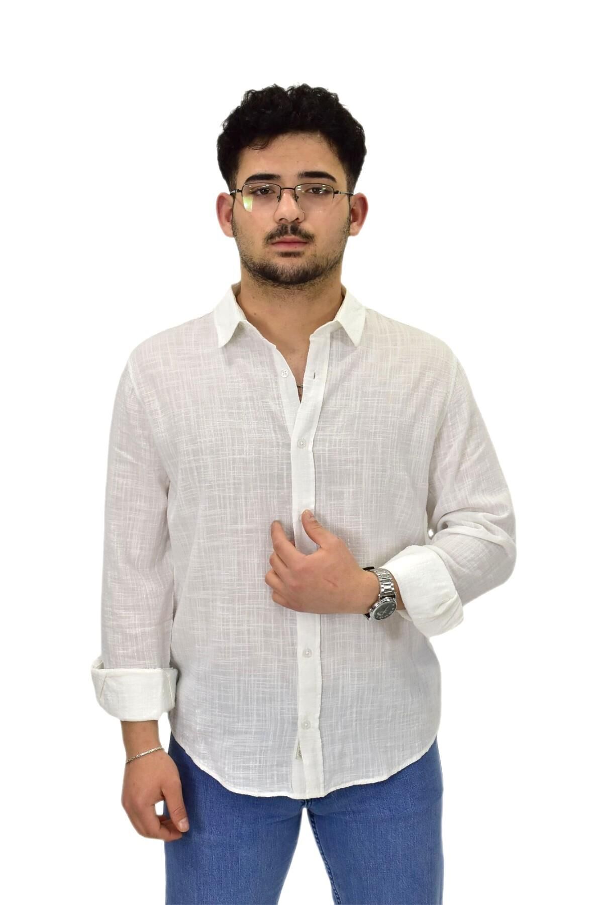 Erkek Spor Silim Fit Uzun Kol Gömlek G5005 BGL-ST04494 BEYAZ - 2XL