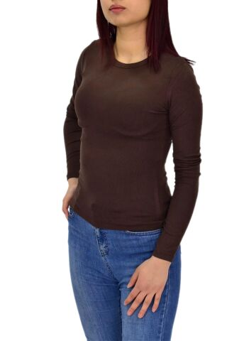 Kadın Düz Renk Vücuda Oturan Uzun Kollu Sweatshirt BGL-ST04296 KAHVE - M