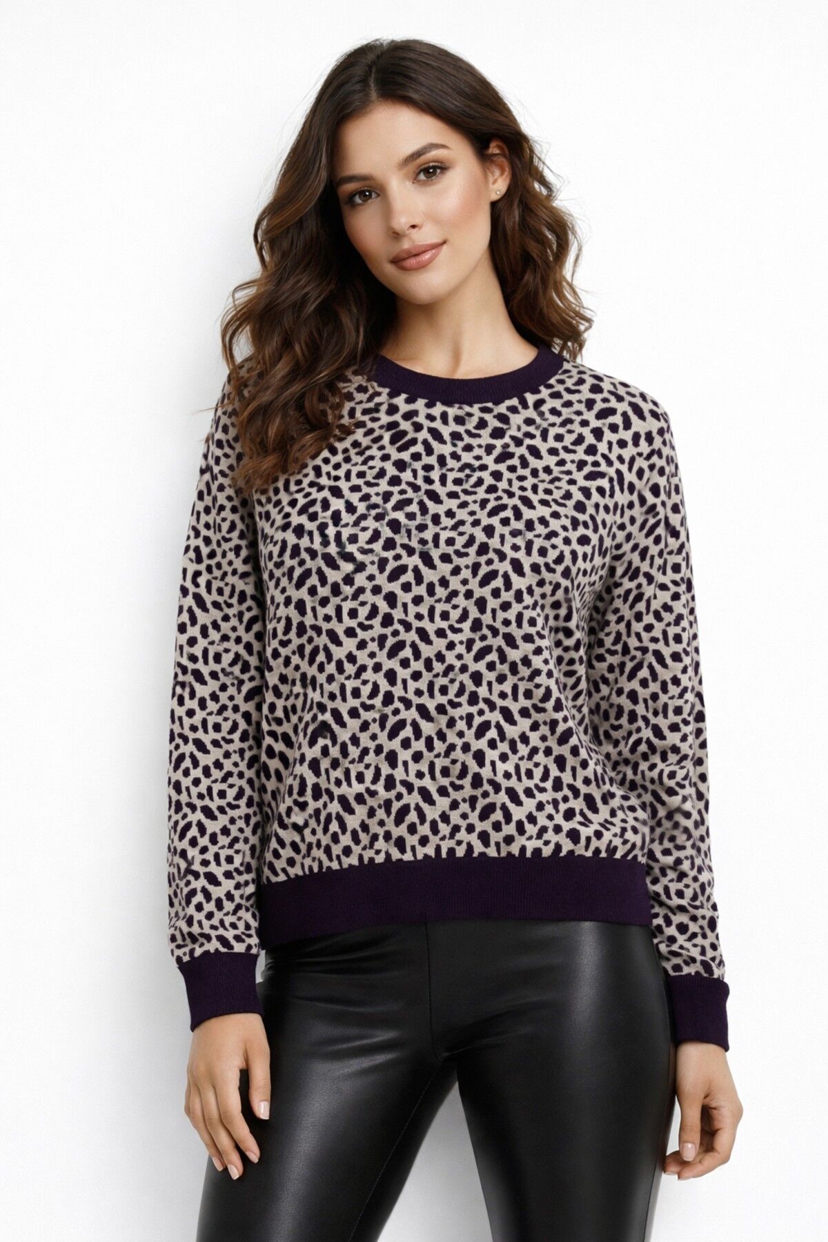 Kadın Leopar Desen Triko Kazak BGL-ST05284 MOR - XL