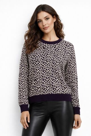 Kadın Leopar Desen Triko Kazak BGL-ST05284 MOR - XL