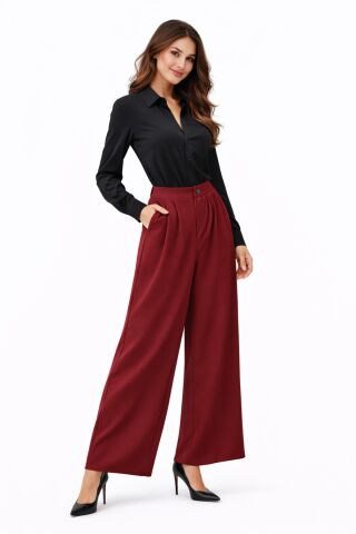 Kadın Pileli Beli Lastikli Bol Pantolon BGL-ST04252 BORDO - 36