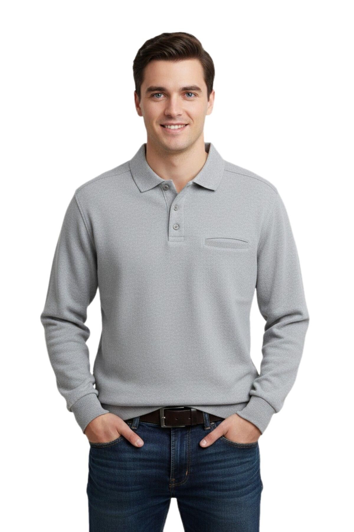 Erkek Büyük Beden Polo Yaka Cepli Selanik Sweatshirt BGL-ST04978 A.GRİ - 5XL