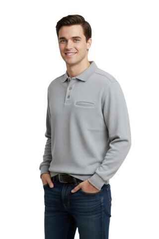 Erkek Büyük Beden Polo Yaka Cepli Selanik Sweatshirt BGL-ST04978 A.GRİ - 5XL