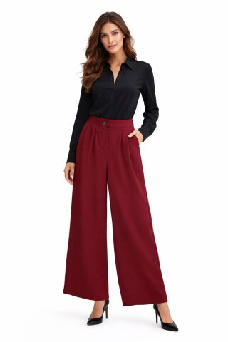 Kadın Pileli Beli Lastikli Bol Pantolon BGL-ST04252 BORDO - 38