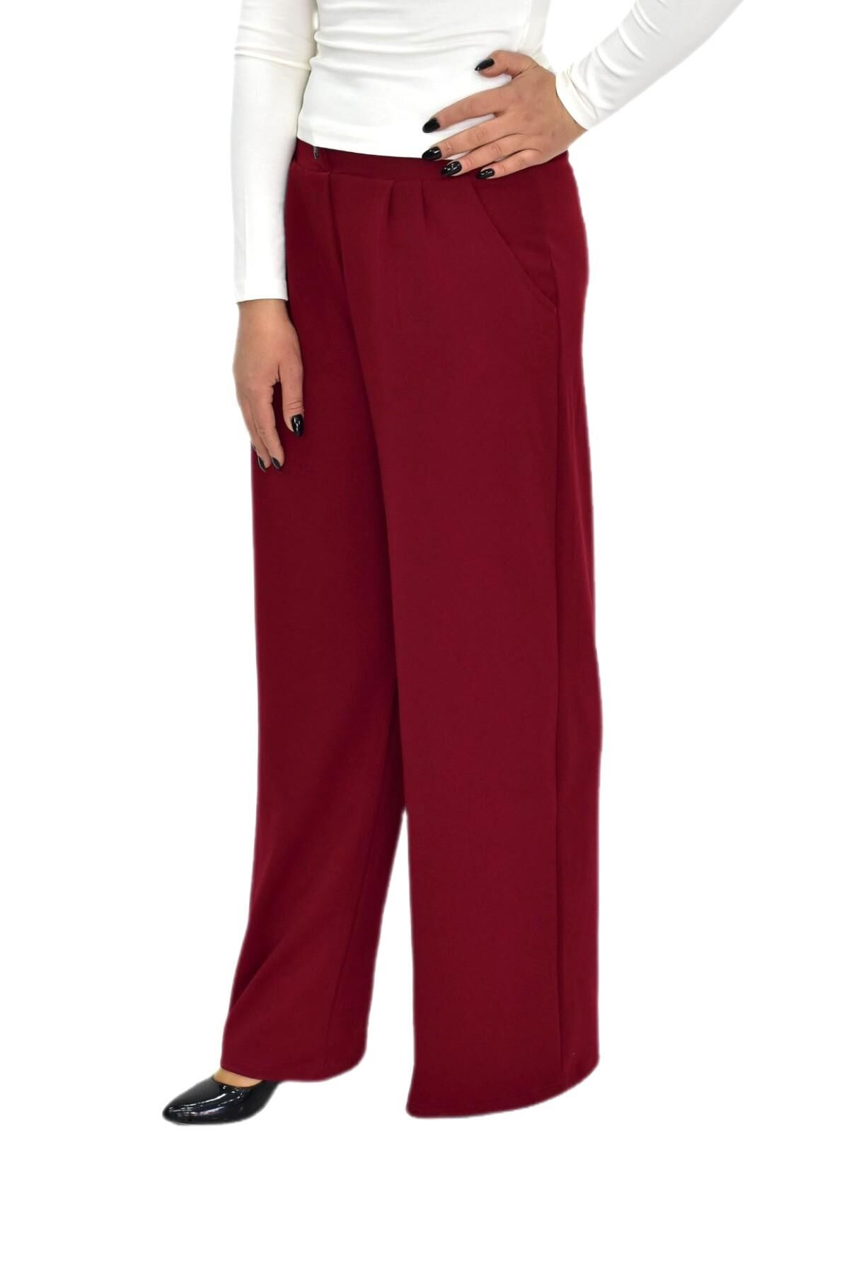 Kadın Pileli Beli Lastikli Bol Pantolon BGL-ST04252 BORDO - 40