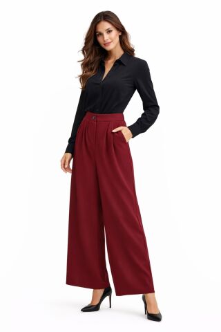 Kadın Pileli Beli Lastikli Bol Pantolon BGL-ST04252 BORDO - 40