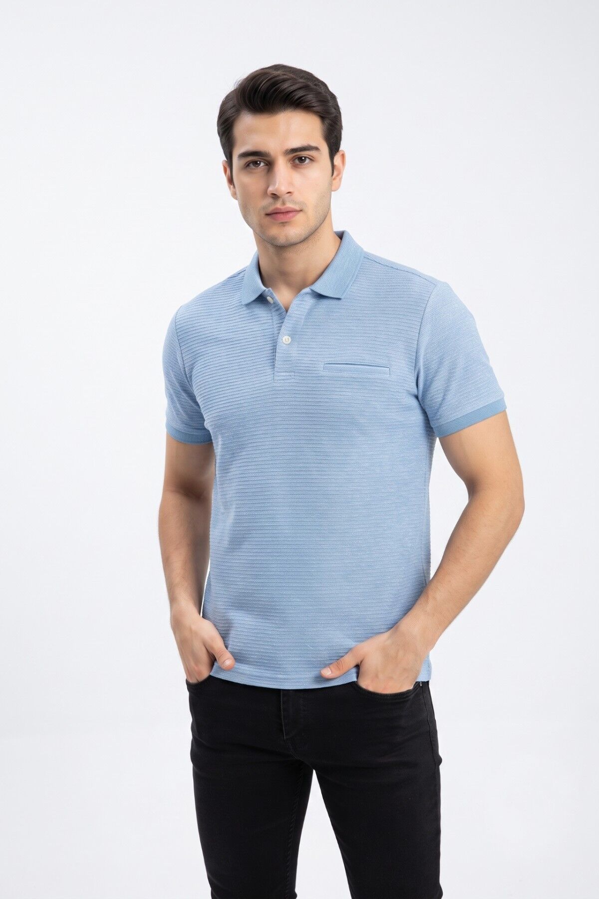 Erkek Büyük Beden Polo Yaka Pamuklu Cepli Tişört 2621 BGL-ST05608 MAVİ - 3XL