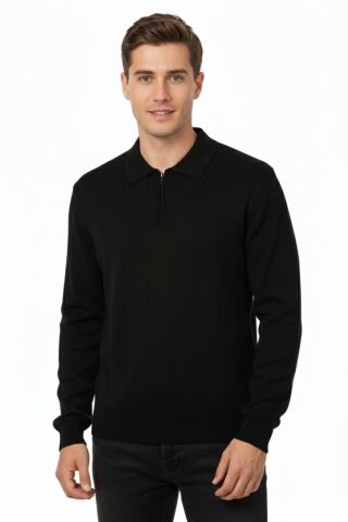 Erkek Polo Yaka Fermuarlı Triko Kazak Regular Fit  7019 BGL-ST04922 SİYAH - M