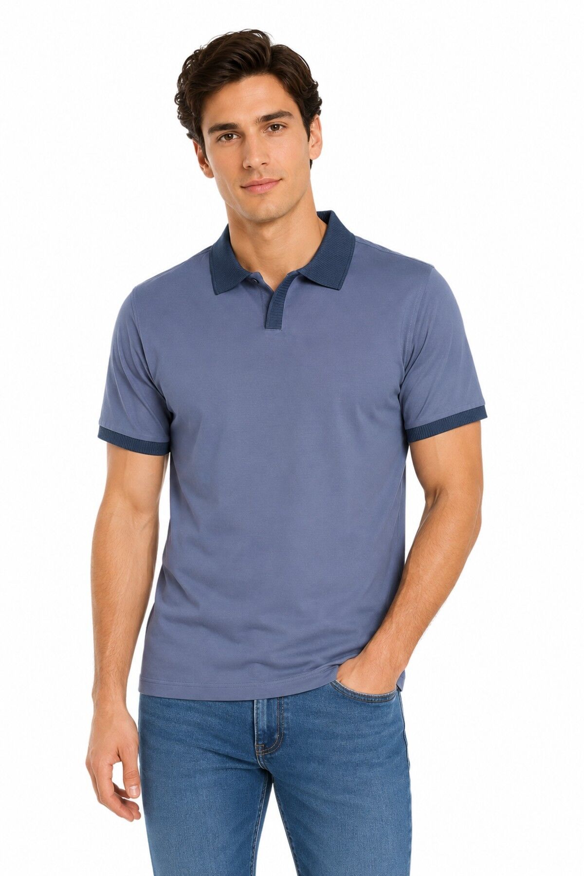 Erkek Polo Yaka Kısa Kollu Tişört Regular Kalıp T6103 BGL-ST05548 MAVİ - M
