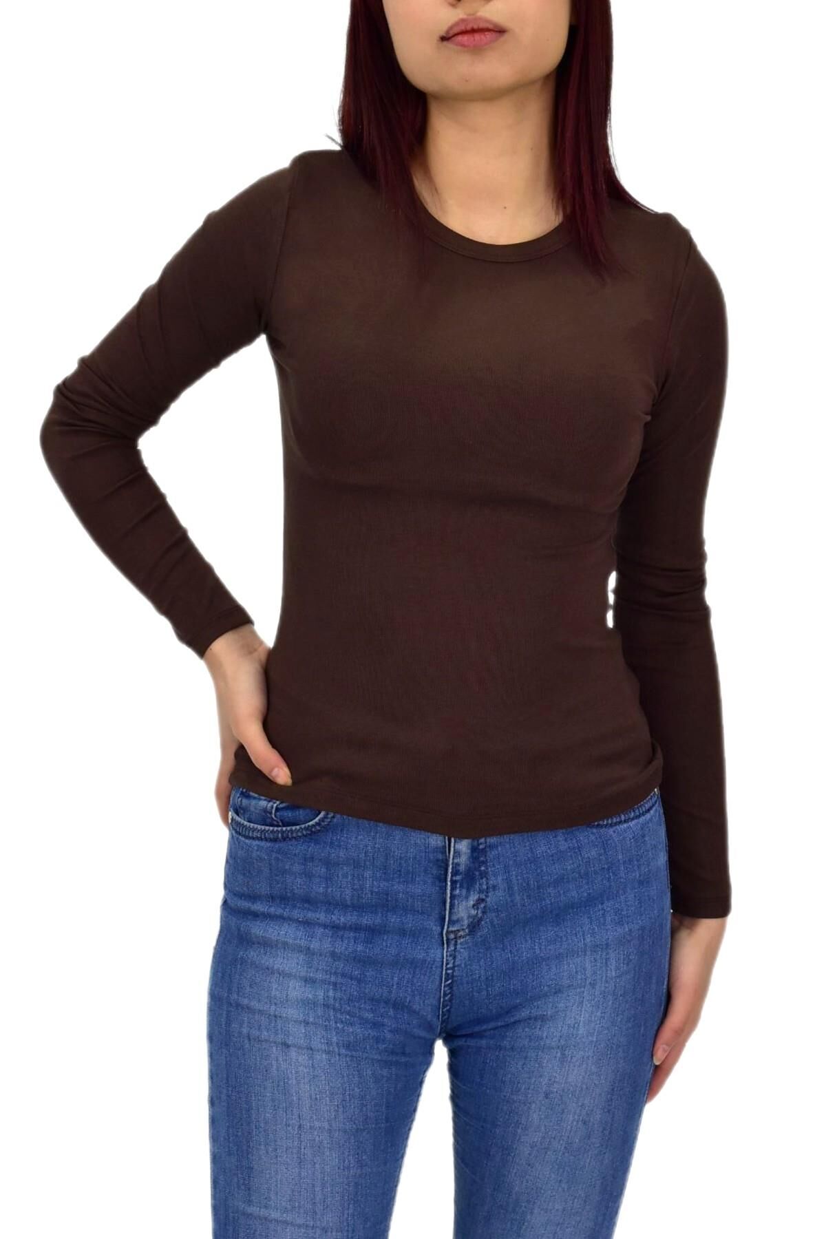 Kadın Düz Renk Vücuda Oturan Uzun Kollu Sweatshirt BGL-ST04296 KAHVE - M