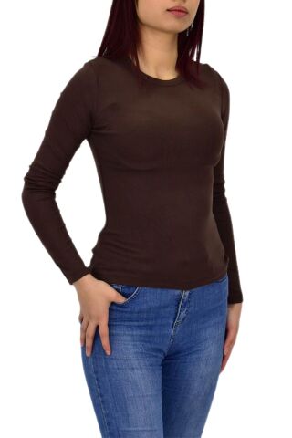 Kadın Düz Renk Vücuda Oturan Uzun Kollu Sweatshirt BGL-ST04296 KAHVE - M