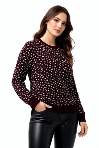 Kadın Leopar Desen Triko Kazak BGL-ST05287 KAHVE - XL
