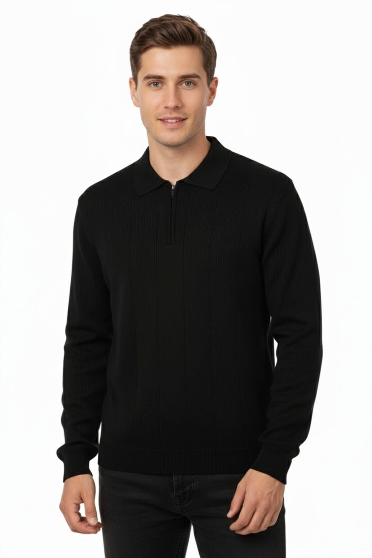Erkek Polo Yaka Fermuarlı Triko Kazak Regular Fit  7019 BGL-ST04922 SİYAH - XL