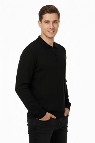 Erkek Polo Yaka Fermuarlı Triko Kazak Regular Fit  7019 BGL-ST04922 SİYAH - XL