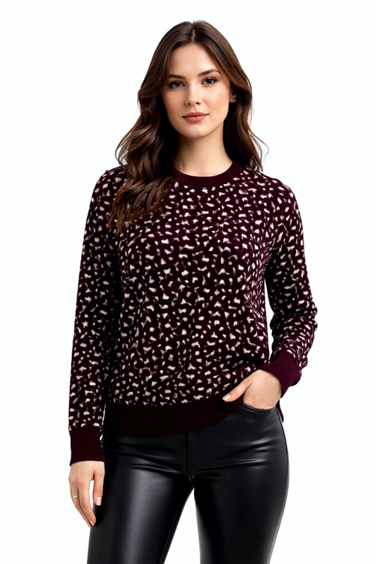 Kadın Leopar Desen Triko Kazak BGL-ST05287 BORDO - M