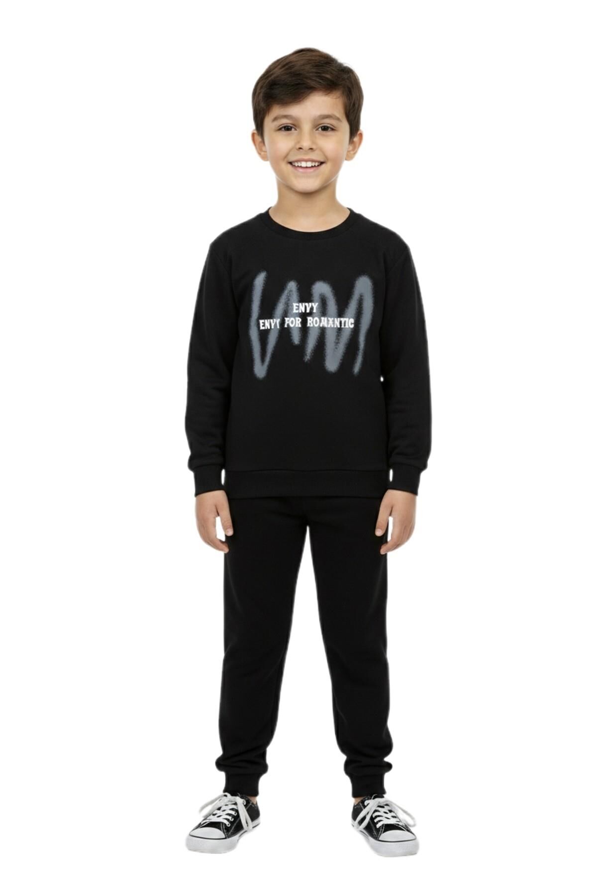 Erkek Çocuk Önü Arkası Baskılı Sweatshirt BGL-ST05242 SİYAH - 11 YAŞ