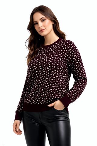 Kadın Leopar Desen Triko Kazak BGL-ST05287 BORDO - L