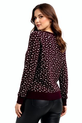 Kadın Leopar Desen Triko Kazak BGL-ST05287 BORDO - L