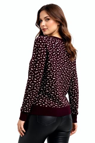 Kadın Leopar Desen Triko Kazak BGL-ST05287 BORDO - 2XL