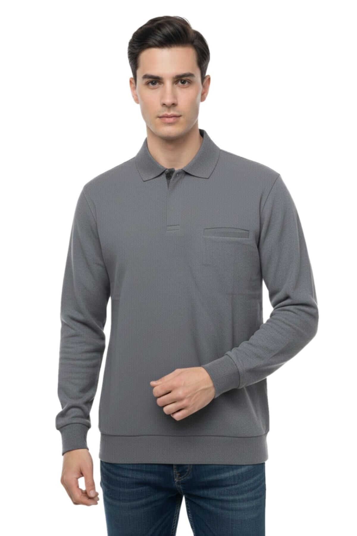 Erkek Büyük Beden Polo Yaka Cepli Selanik Sweatshirt BGL-ST04978 GRİ - 3XL