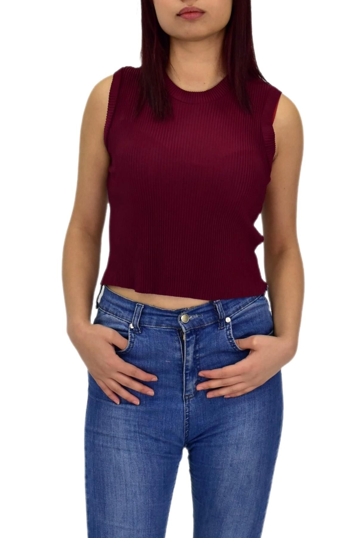 Kadın Askılı Fitilli Crop BGL-ST04298 BORDO - S