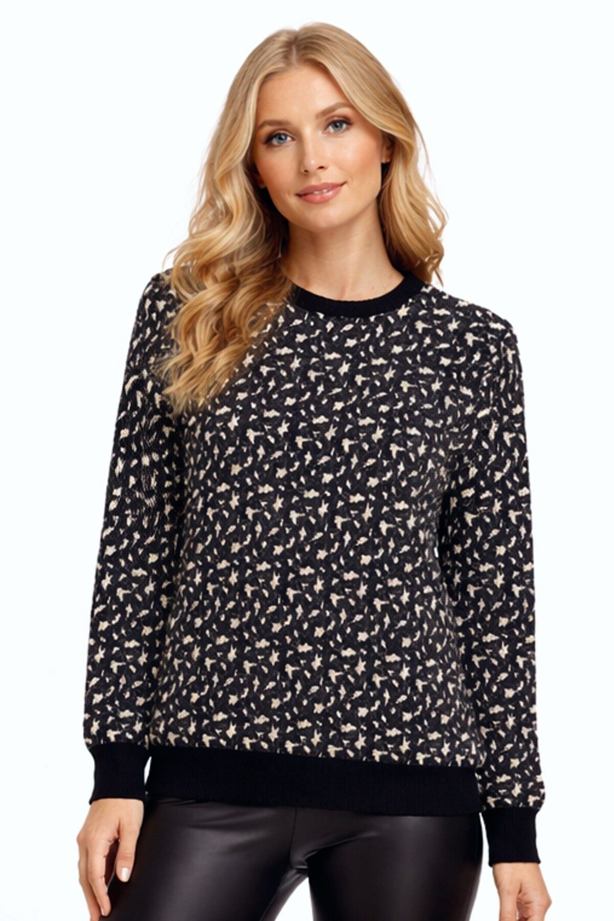 Kadın Leopar Desen Triko Kazak BGL-ST05287 FÜME - XL