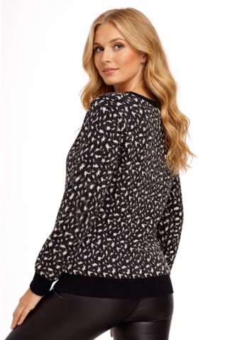Kadın Leopar Desen Triko Kazak BGL-ST05287 FÜME - XL