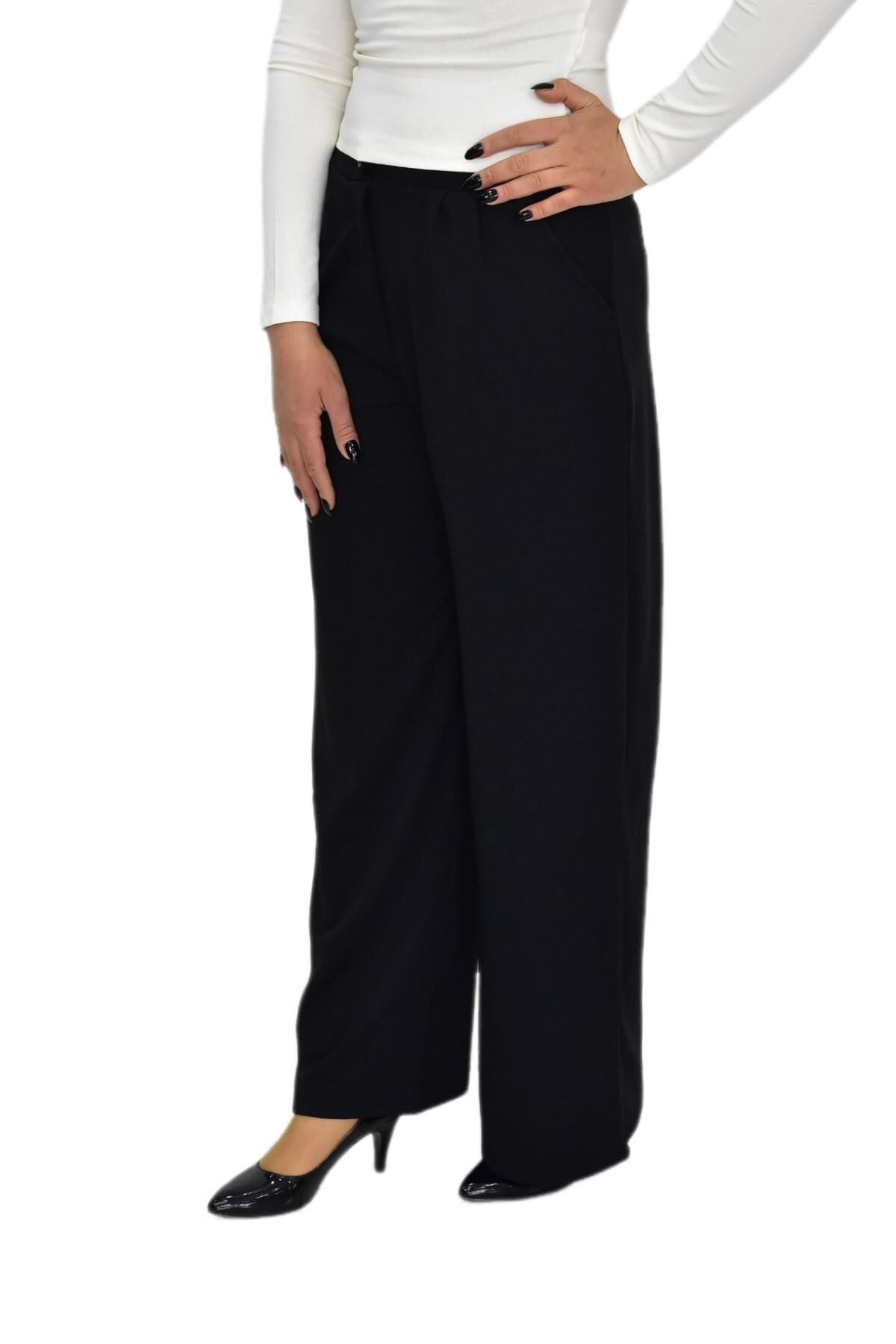 Kadın Pileli Beli Lastikli Bol Pantolon BGL-ST04252 SİYAH - 40