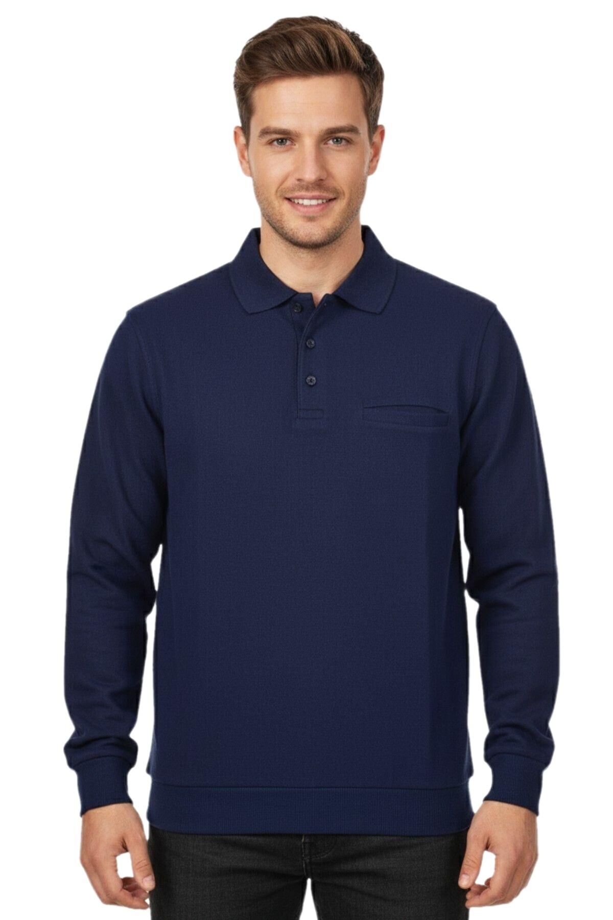 Erkek Büyük Beden Polo Yaka Cepli Selanik Sweatshirt BGL-ST04978 LACİVERT - 5XL