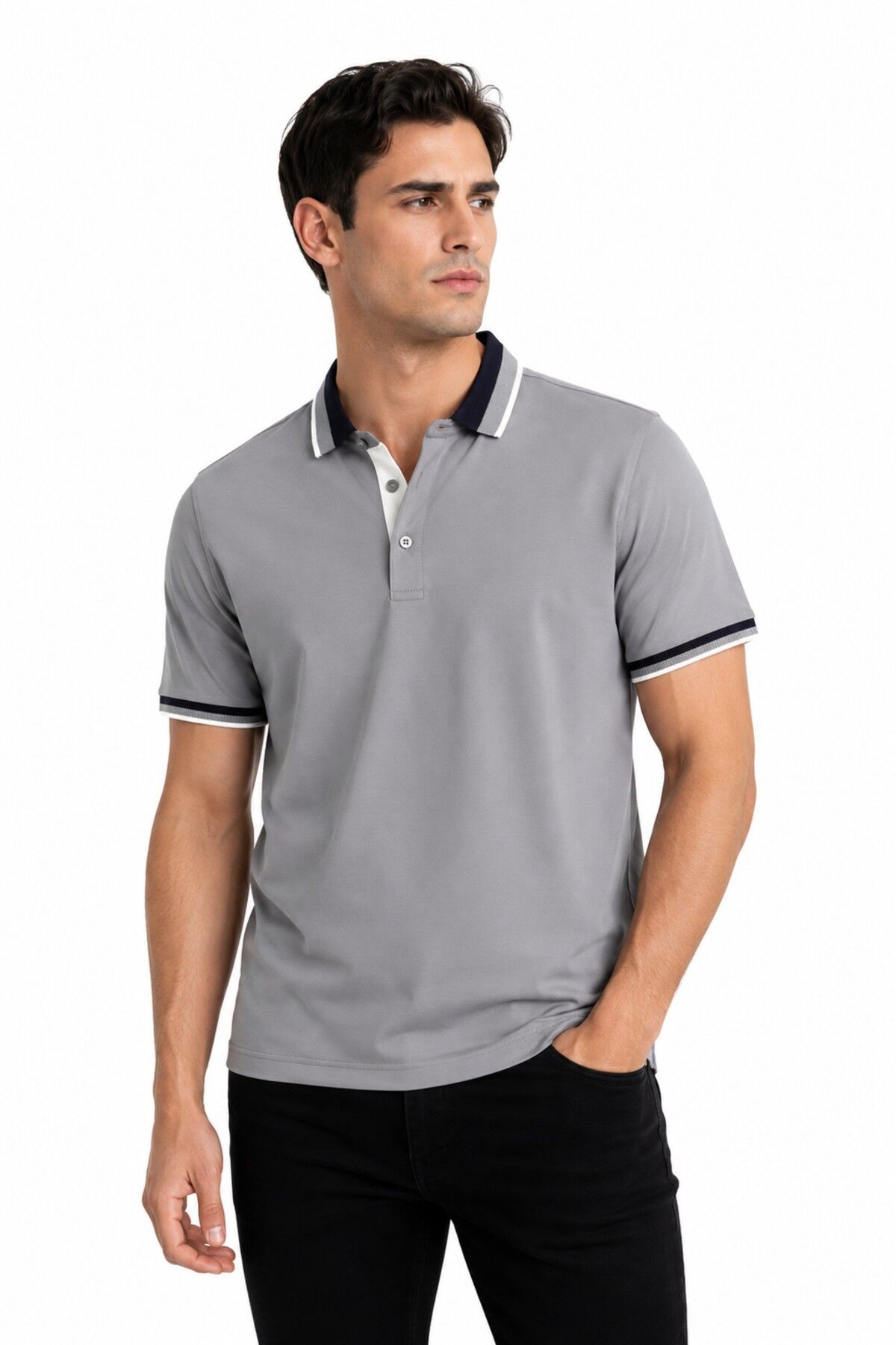Erkek Polo Yaka Kısa Kollu Tişört Regular Kalıp T6096 BGL-ST05549 GRİ - M
