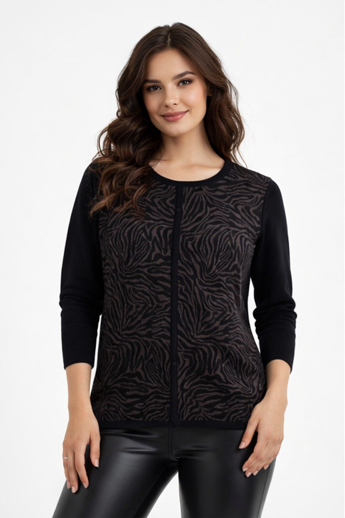 Kadın Zebra Desen Triko Kazak BGL-ST05286 FÜME - M