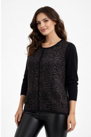 Kadın Zebra Desen Triko Kazak BGL-ST05286 FÜME - M