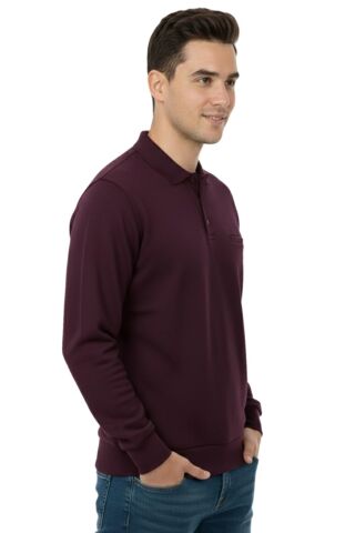 Erkek Büyük Beden Polo Yaka Cepli Selanik Sweatshirt BGL-ST04978 MÜRDÜM - 5XL