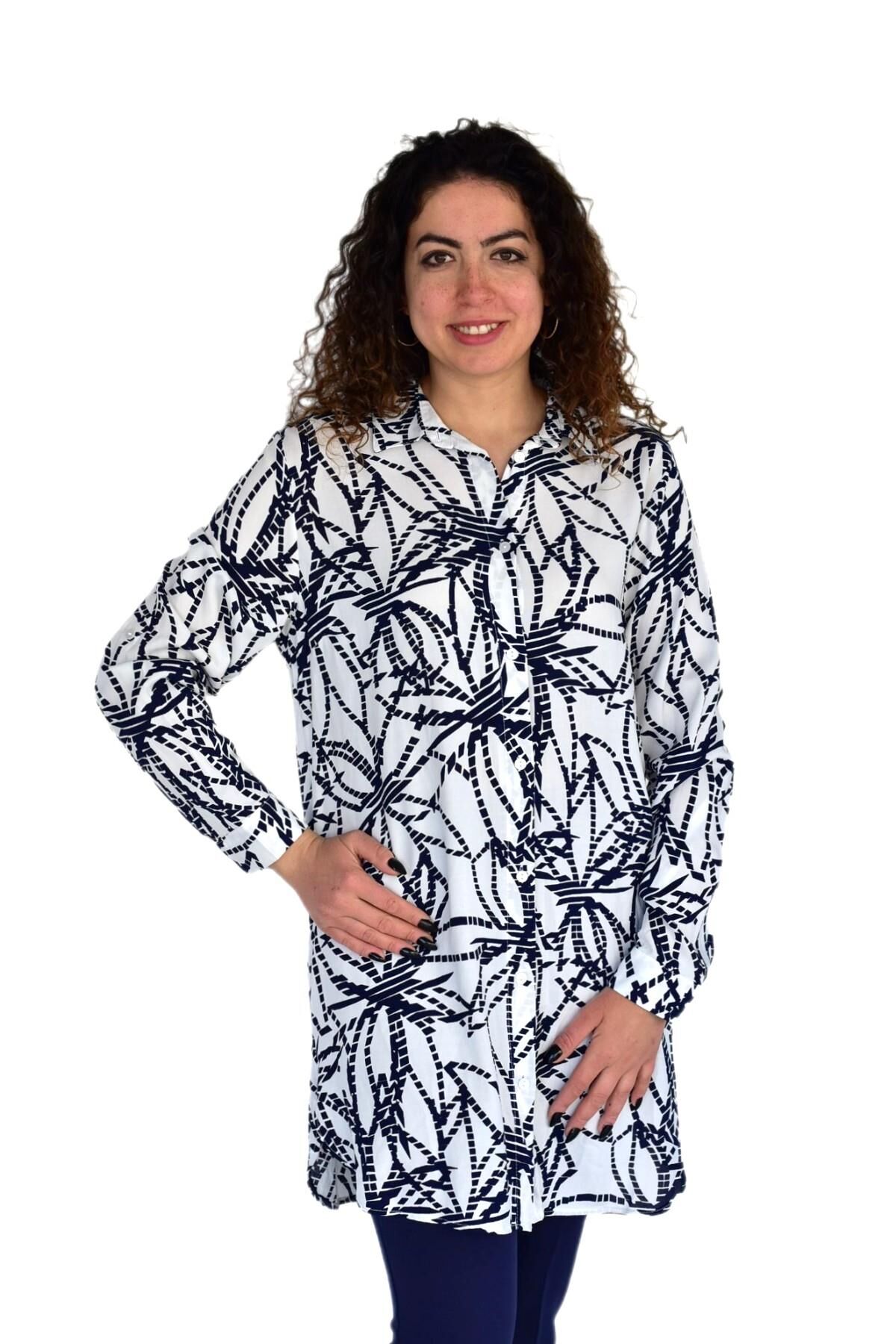 Kadın Çizgili Desen Viscon Gömlek BGL-ST04239 BEYAZ - 44