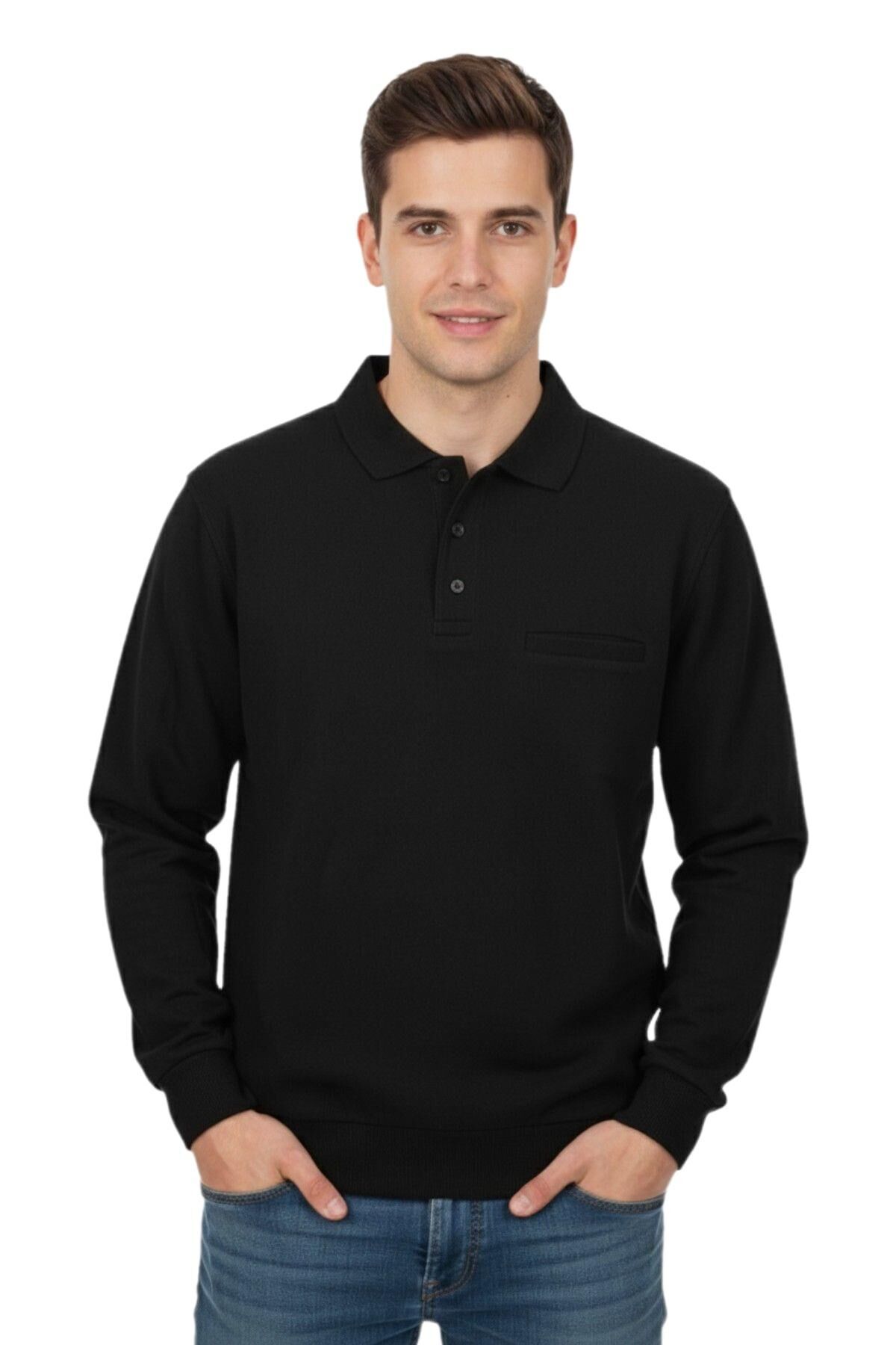 Erkek Büyük Beden Polo Yaka Cepli Selanik Sweatshirt BGL-ST04978 SİYAH - 5XL