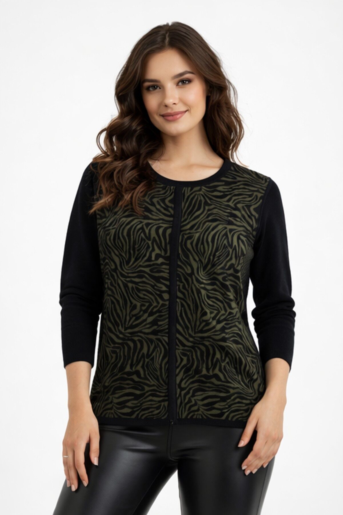 Kadın Zebra Desen Triko Kazak BGL-ST05286 HAKİ - XL