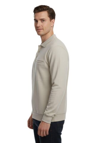 Erkek Büyük Beden Polo Yaka Cepli Selanik Sweatshirt BGL-ST04978 TAŞ - 3XL