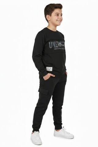 Erkek Çocuk Önü Baskılı Sweatshirt Ve Eşofman Alt Takım BGL-ST05247 SİYAH - 11 YAŞ